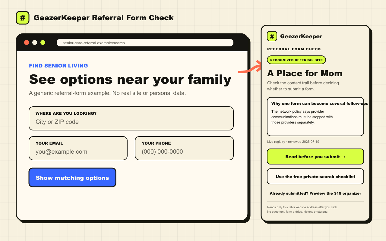 Fictional senior-care referral form beside the GeezerKeeper Referral Form Check extension