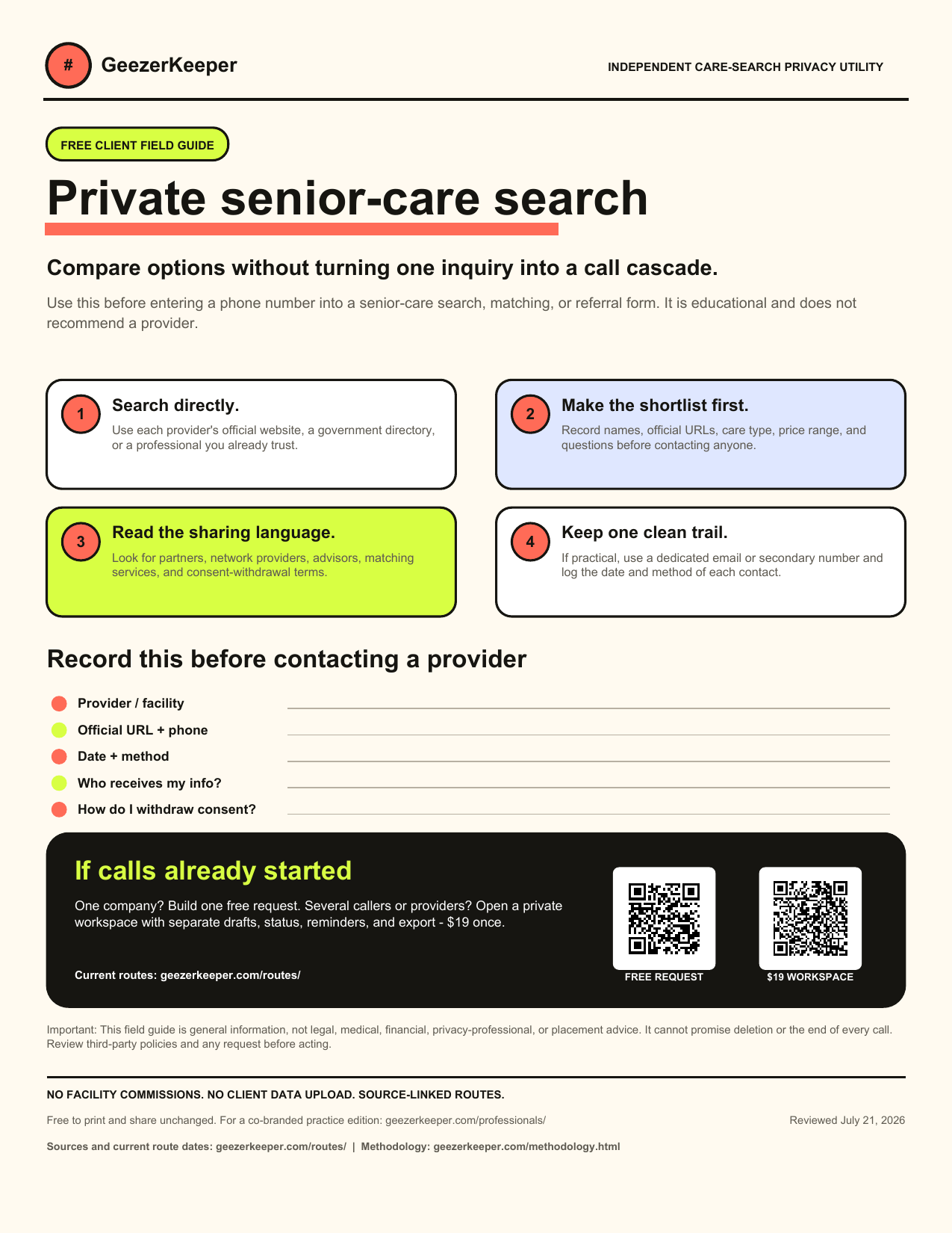 Preview of the GeezerKeeper private senior-care search field guide